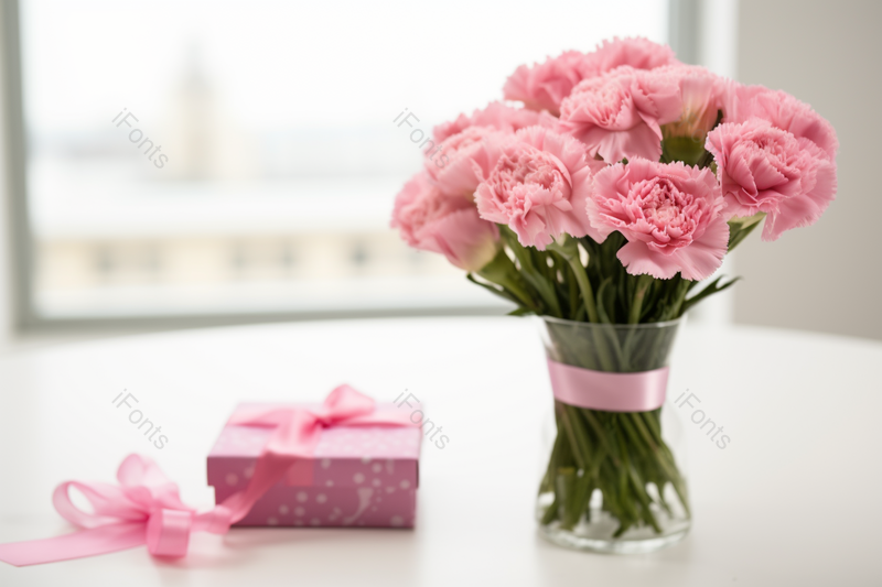 桌子上的粉色康乃馨与粉色礼盒的美好场景,高清,摄影图,摄影图片,图片大全,摄影图免费下载